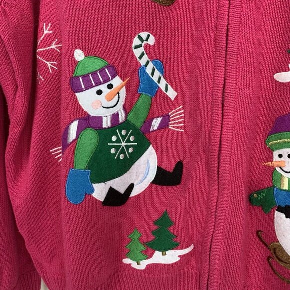 Snowman Christmas Winter Cardigan Womens 2XL Pink Zip Close Appliqué Whimsical - Picture 7 of 14